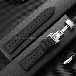 Vintage Leather Watch Strap - Universal Breathable Bracelet with Folding Buckle - 20mm (Black)