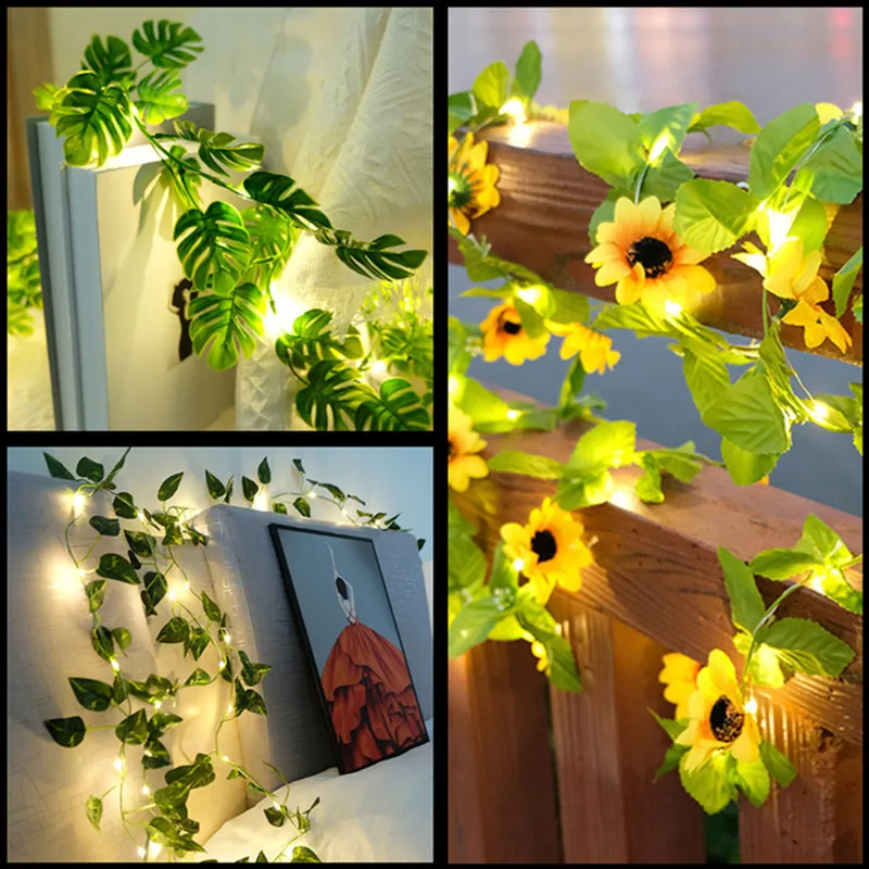 

Holiday Lights Artificial Green Leaf Flower Led String Lights Fairy Garland Christmas Decorations for Home Garden Wedding Decor
