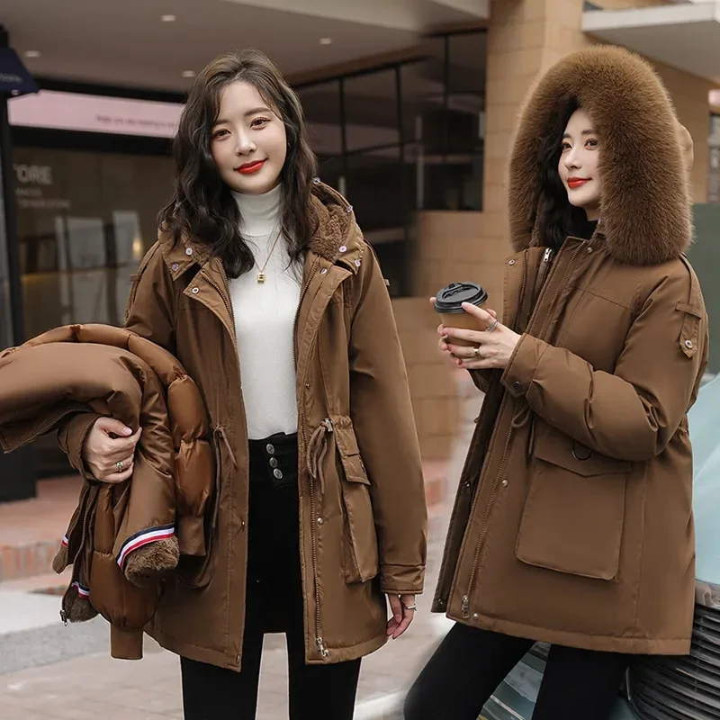 2023 Winter New Women Cotton Jacket Female Fashion Fur Collar Hooded Mid-Length Outwear Thicken Warm Casual Fur Lining Parkas