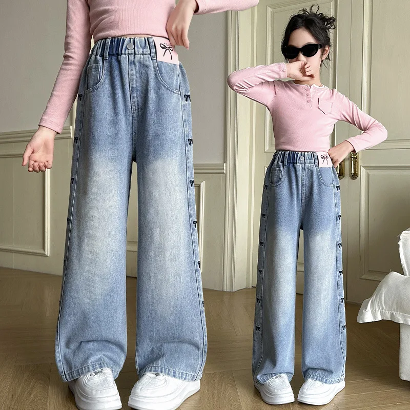 Jeans estetici larghi per ragazze con stampa a stella cuore lettera stampa vita alta bambini gamba larga hip hop pantaloni in denim elastico in vita vintage pantaloni da scuola alla moda, rosa