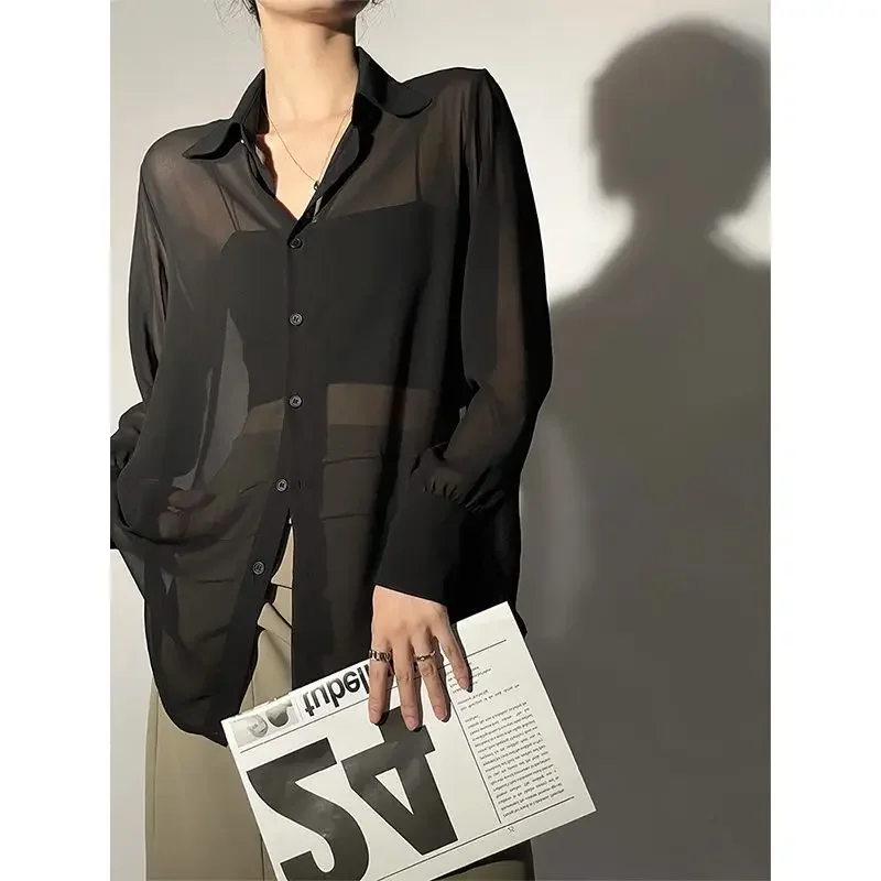 QWEEK Sun-proof Transparent Chiffon Shirt Female Mesh Long Sleeve Y2k Top Solid Loose Blouse Korean Fashion Cardigan for Women 1 x pair leather sleeve waterproof thick anti fouling oil proof elastic cuffs oversleeves sleevelets kitchen tool