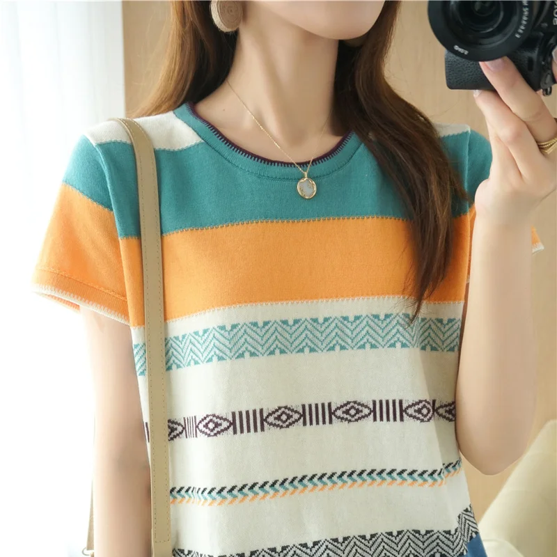 

New women's summer short-sleeved T-shirt O-neck 100% cotton contrast stitching pullover T-shirt casual knitting bottoming shirt