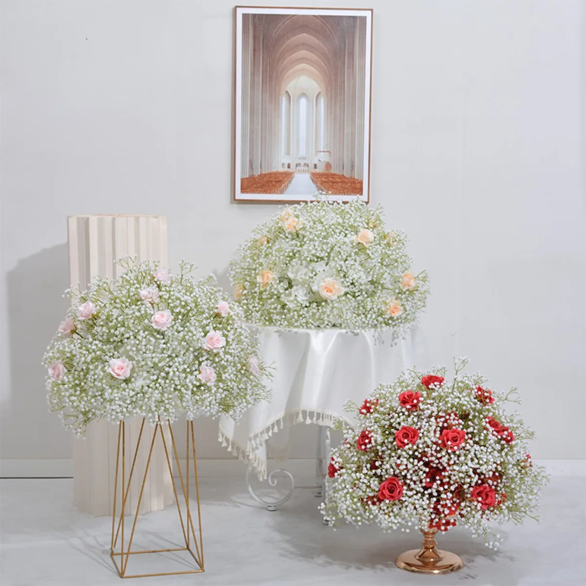 

Artificial Rose Flower Ball With Babysbreath Wedding Backdrop Decor Floral Arrangement Event Table Centerpiece Party Props