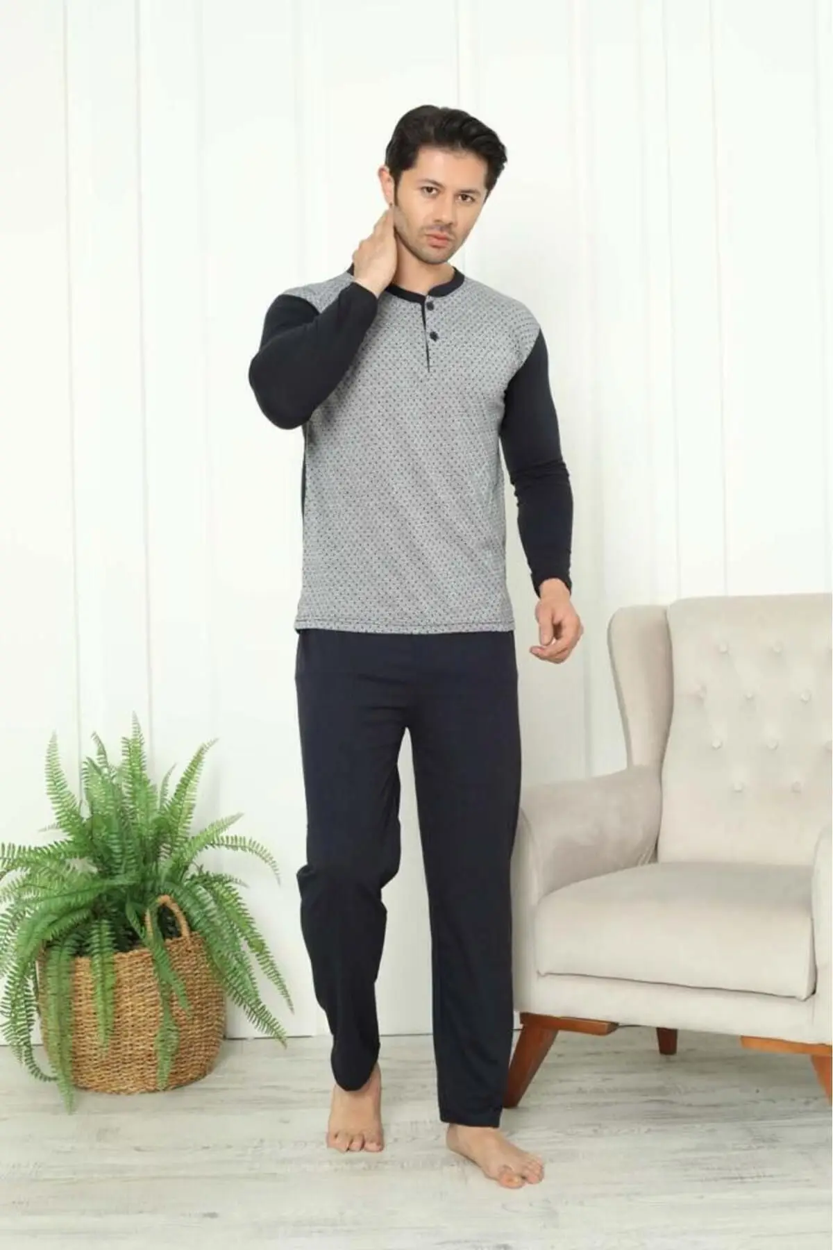 Cotton Combed Jacquard Long Sleeve Men's Pajama Set