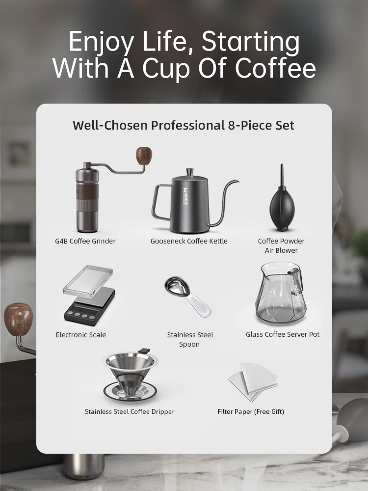 HiBREW Pour Over Coffee Kettles Manual Coffee Grinder Maker 8 pcs Set