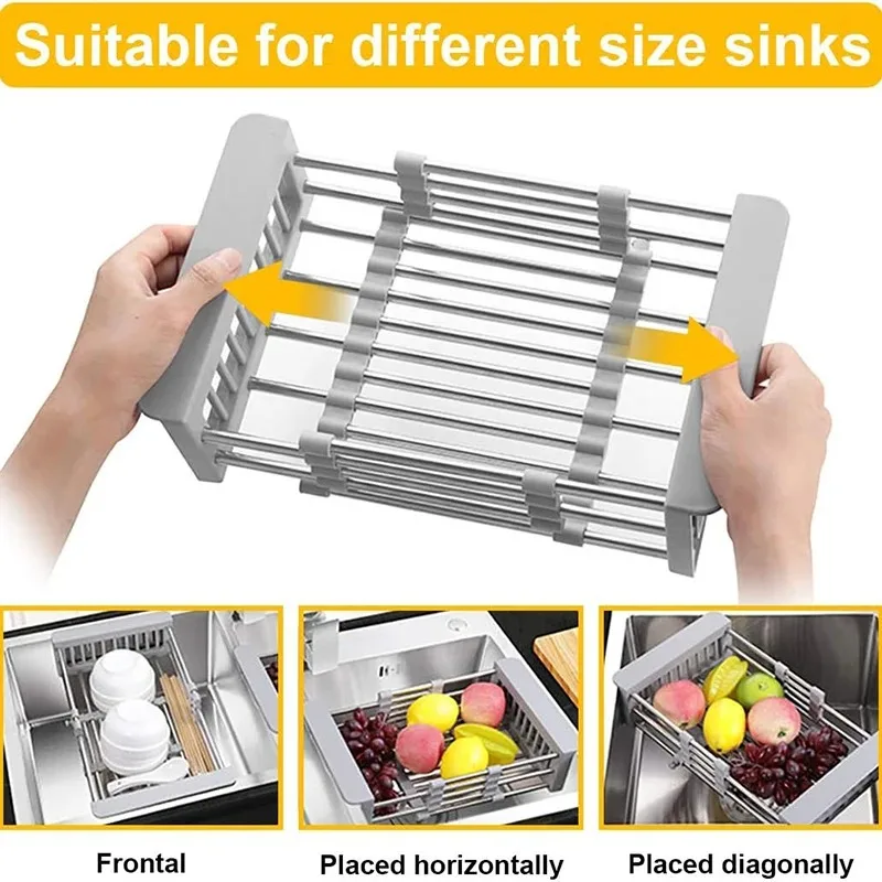 Home Kitchen Retractable Stainless Steel Drain Basket Kitchen Cutting Board Tray Sink Countertop Drain Basket Dish Drying Rack