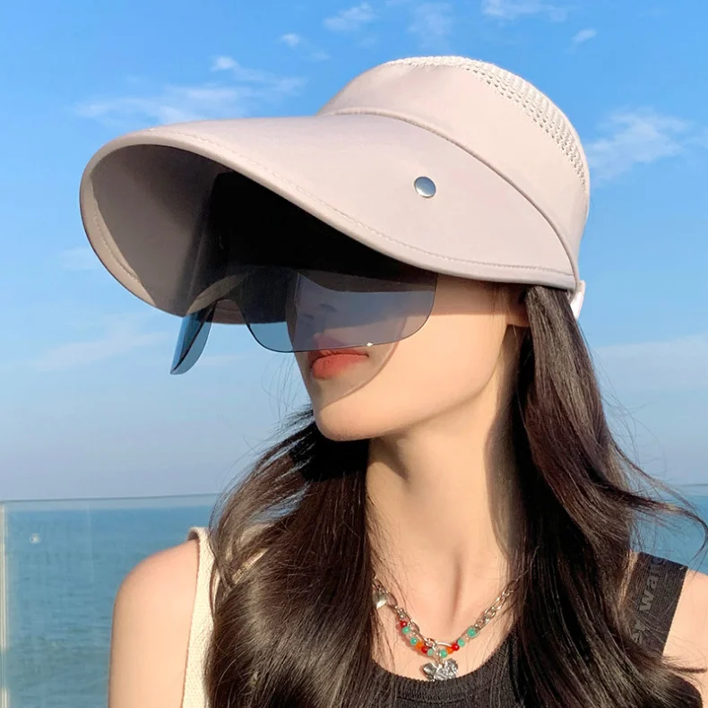 Gran oferta de sombrero de verano para mujer, con gafas de sol, de 13 cm, de ala grande, transpirable, para exteriores, con parte superior vacía, con cinta mágica ajustable, para viajes y playa_voghion.com
