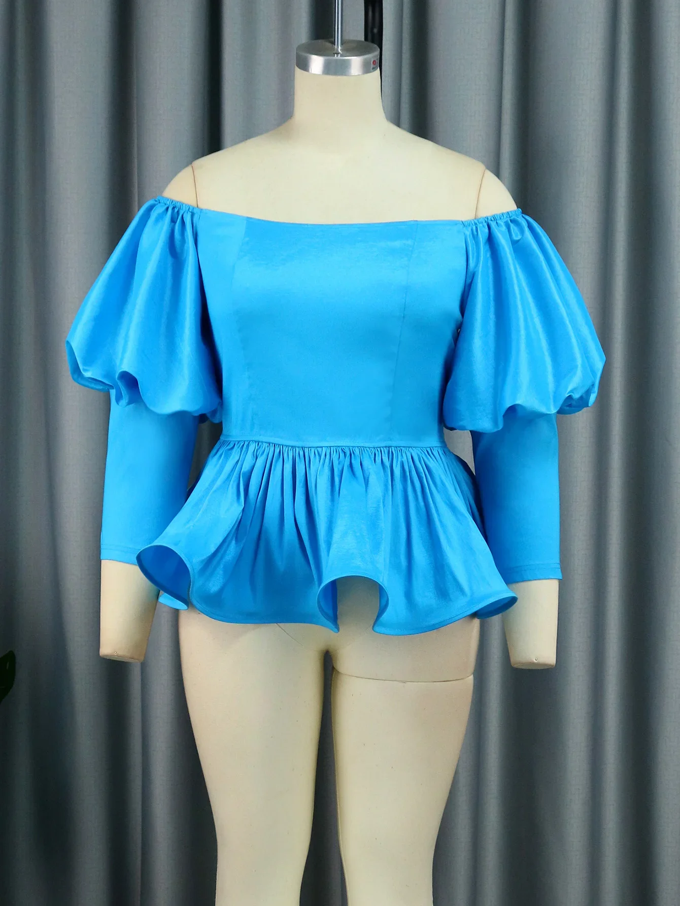 Off Shoulder Blouse Blue Long Lantern Sleeve Shiny Ruffles