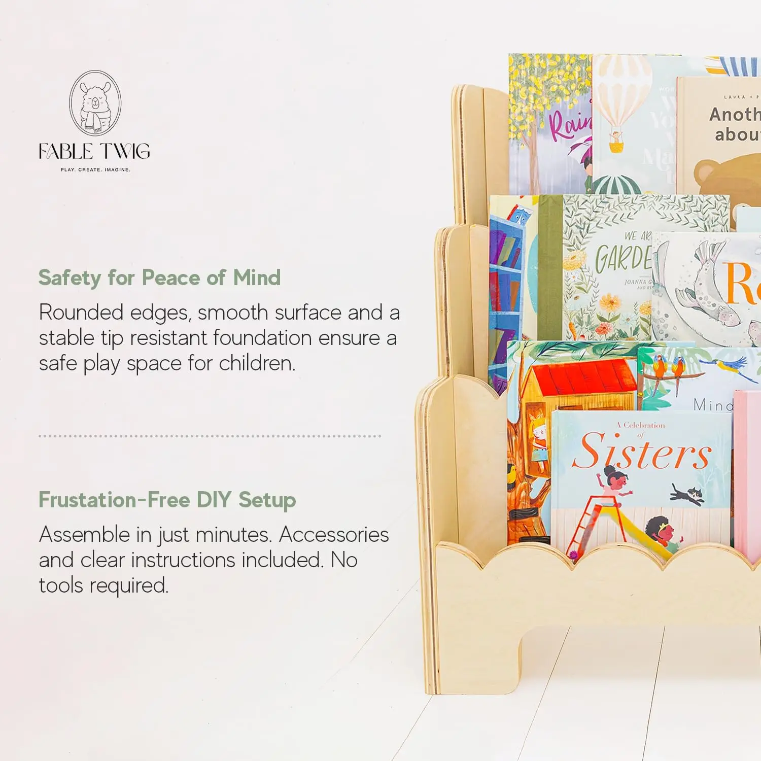 Wooden Kids Bookshelf w/Scalloped Edges Perfect Height 3-Tier Montessori Bookshelf for Kids for Room or Playroom