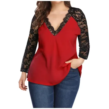 Women Clothing Lace Top Fashion Women Large Size Casual V- Neck Solid Color Splicing Long-sleeved Sleeves T-shirt 2