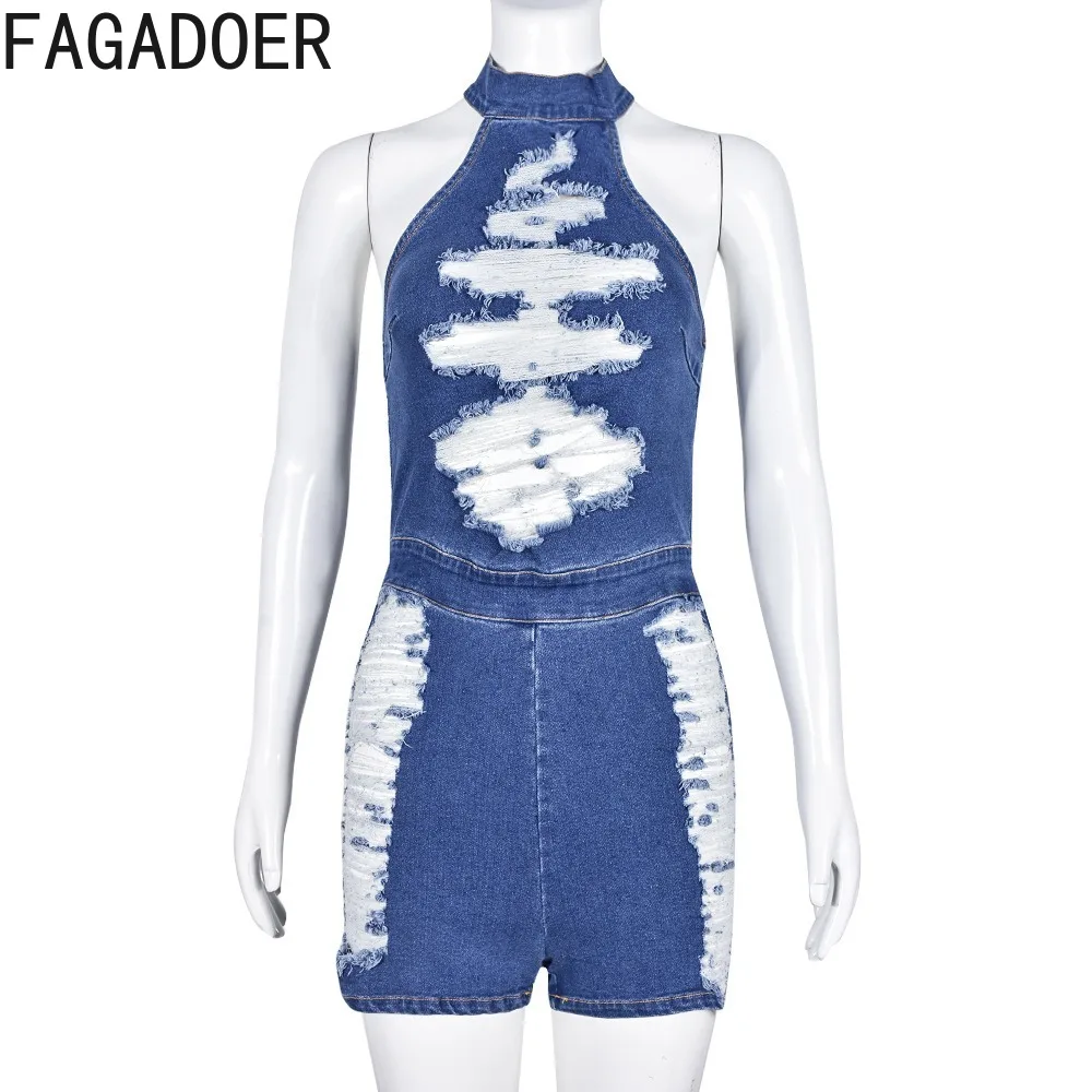 FAGADOER Fashion Hollow Out Hole Denim Rompers Women Sleeveless Backless Slim Elasticity Cowboy Jumpsuits Casual Streetwear 2023