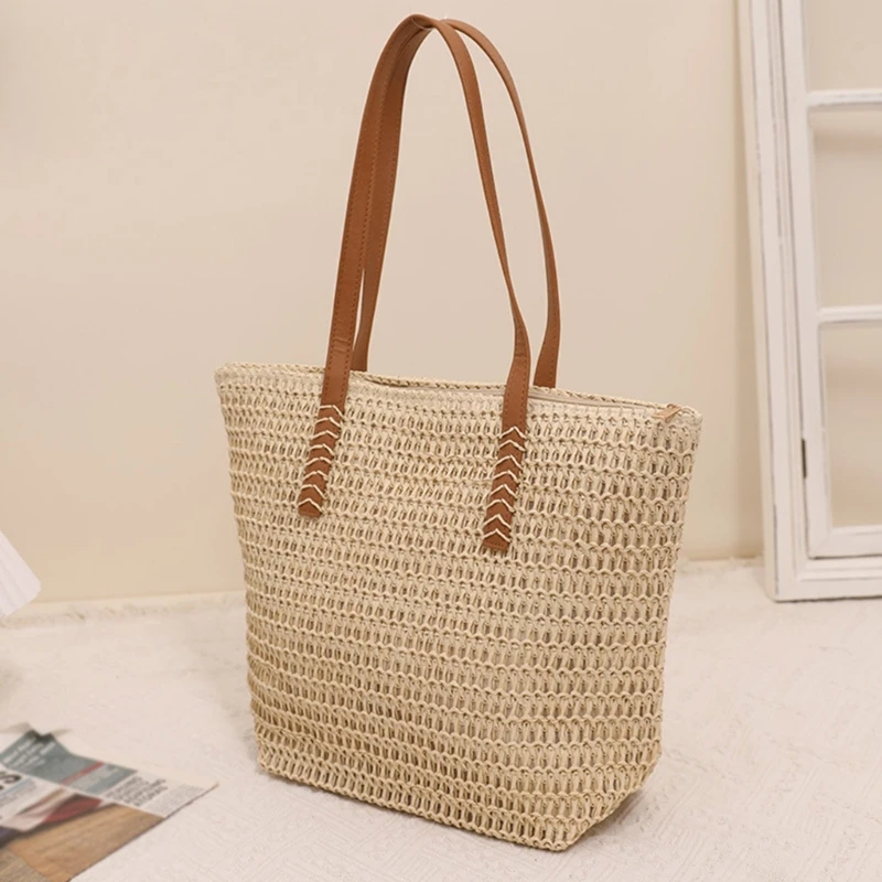 Women Straw Woven Shoulder Bag Ladies Large Capacity Tote Bag Summer Beach-Bag Vacation Bag Bohemian-Seasid Handbag