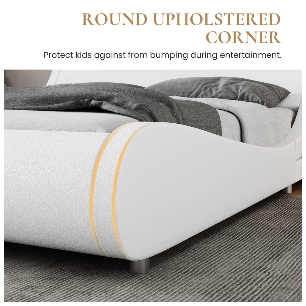 King Size Upholstered Bed Frame,Deluxe Low Profile Sleigh Bed with Faux Leather Ergonomics Headboard,White  No Box Spring Needed 4