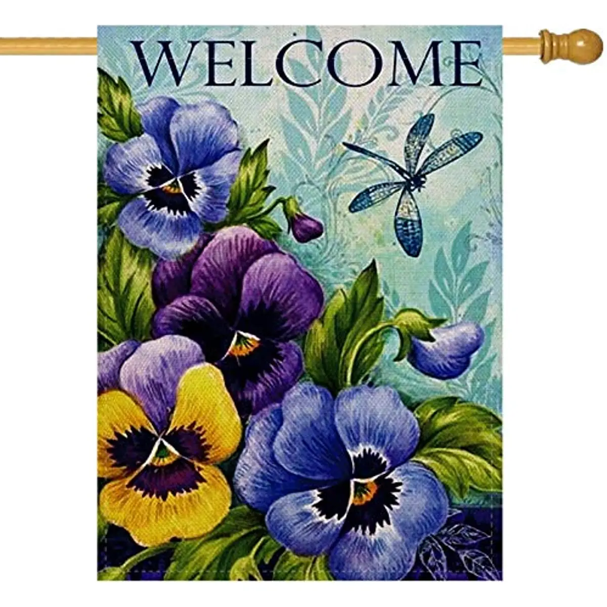 

New Decorative Vintage Flower Welcome Spring Large House Flag Double Sided, Home Floral Burlap Pansies Dragonfly Outside