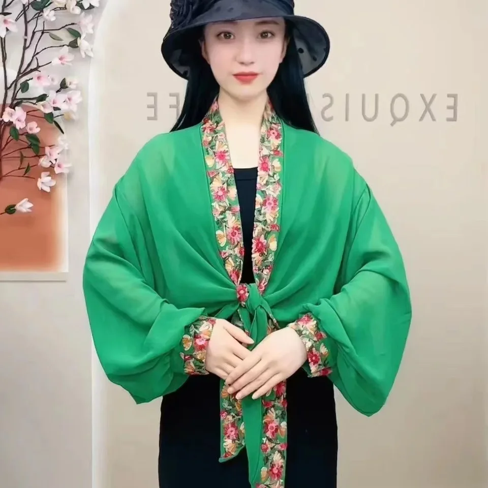 통기성 오토바이 라이딩 기어 쉬폰 자수, 자외선 차단 와이드 슬리브 가디건, 에어컨 숄