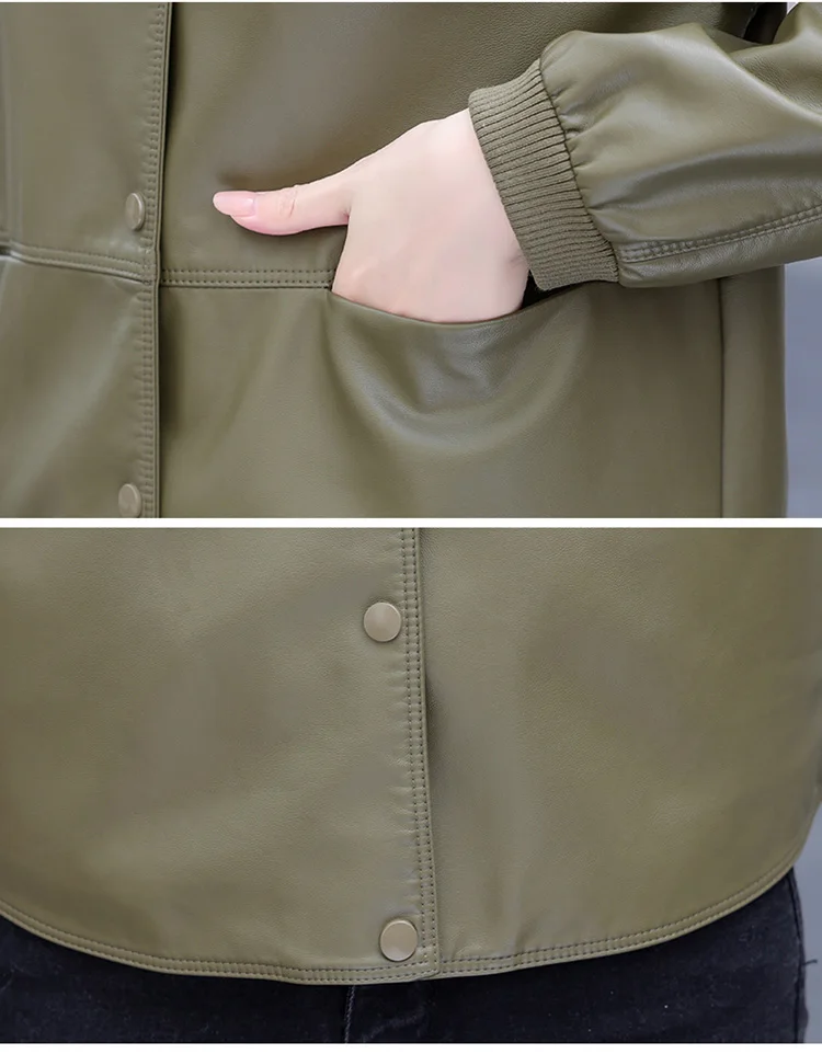 New Women Casual Leather Jacket Spring Autumn Fashion Patchwork V-Neck Single Breasted Loose Short Outerwear Split Leather