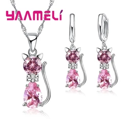 Elegant Sterling Silver Jewelry Set with Shining Crystal Cat Pendant and Huggie Earrings (Pink)