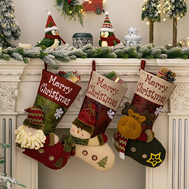 

Christmas Socks Gift Socks Fireplace Xmas Tree Ornaments Snowman Santa Claus Elk Christmas Stocking Decorations For Home