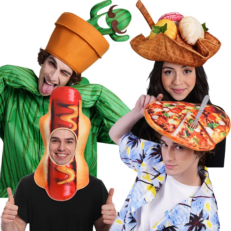 

Hot Dog and Pizza Cosplay Costumes for Men and Women Funny Food Hats Halloween Performance Children Stage Props Couples Outfits