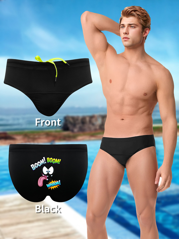 Slim Fit Swim Briefs Men Breathable Fast-Drying Fabric Bold Typography Beachwear for Vacation Water Sports