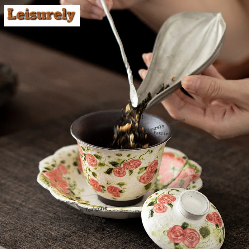 125ML Oil Painting Rose Flower Language Gaiwan Boutique Tea Tureen Tea Bowl with Lid Kit Tea Maker Cover Bowl for Tea Ornaments