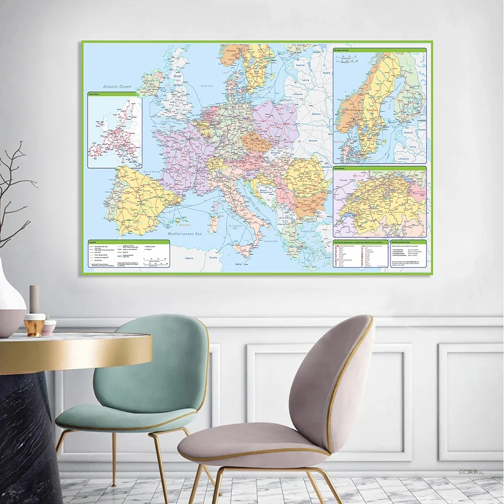 225*150cm The Europe Political and Traffic Route Map Wall Poster Non-woven Canvas Painting School Supplies Classroom Home Decor