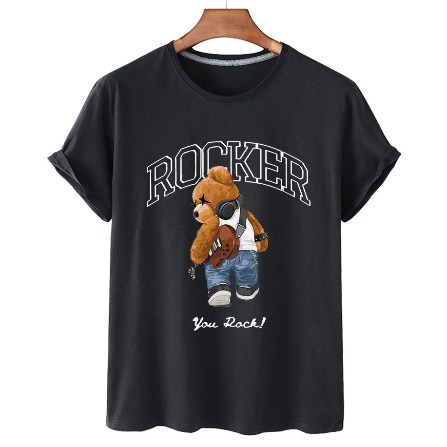 

100% Pure Guitar Bear Print T Shirt 2022 Summer T Shirt Women Short Sleeve O Neck T Shirt Unisex Plus Oversized Women T Shirt