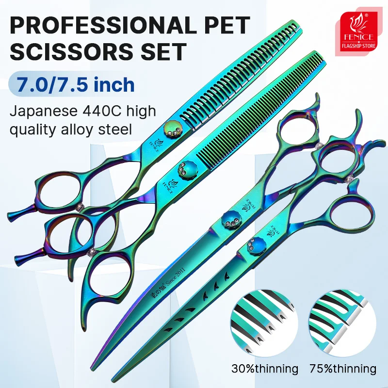 Fenice Professional 7.0/7.5 inch JP440C Green Pet Grooming Scissors Shears Cutting&Curved&Thinner Set Kit for Dog Trimming Tools dog grooming scissors,dog grooming scissors kit
