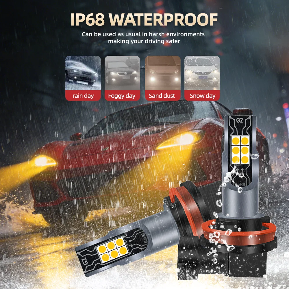 2PCS H11 H8 LED 전구 황금색 안개등 DRL 라이트 고출력 3000K 슈퍼 브라이트 12000LM