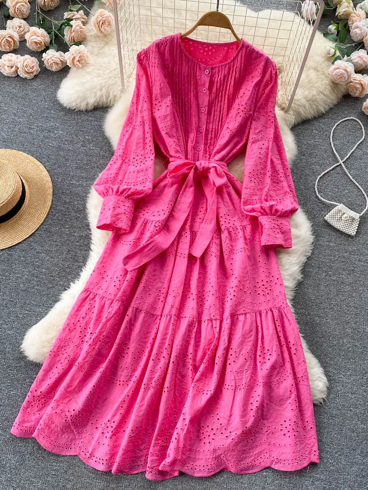 

Spring Autumn Gentle Elegant Dress Lady A-line New Lace-up Waist Show Thin Hollowed-out Large-swing Long Vestidos Woman D1352