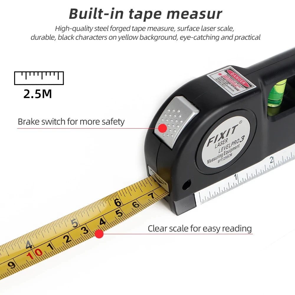 Description Picture 4 of itemMultifunctional Infrared Laser Levels With 8FT 2.5M Standard Measure Tape Cross Line Lasers Renovation and Construction Tools