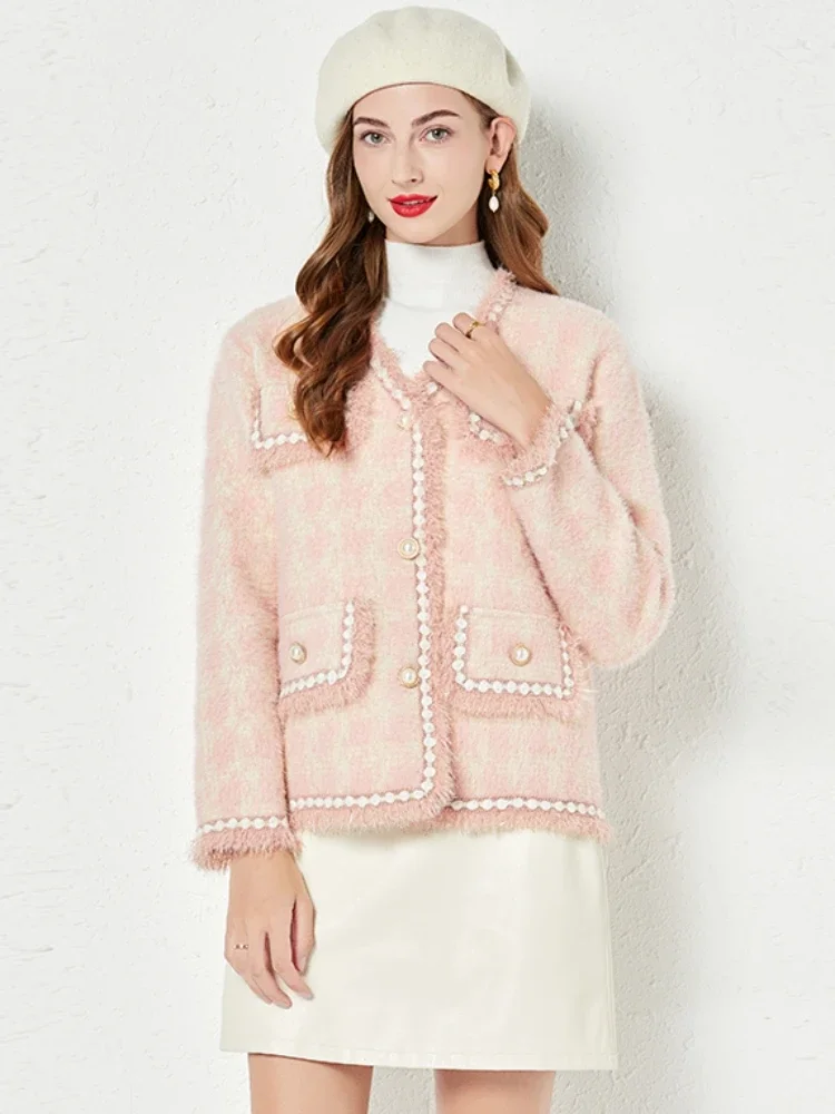 

New Winter Knitted Pink Cardigan Sweet Pearls Buttons V Neck Tassels Fringed Trims Thick Plaid Sweater Jacket Outwear