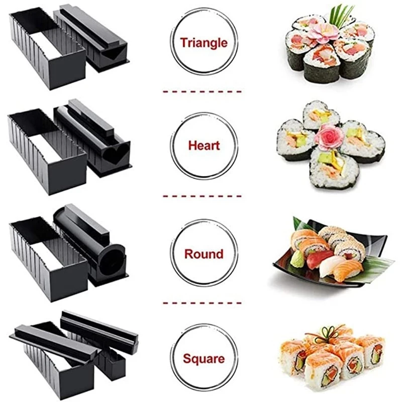 Sushi Making Kit Deluxe Edition with Complete Sushi Set 10 Pieces Plastic  Sushi Maker Tool Complete with 8 Sushi Rice Roll Mold Shapes Fork Spatula