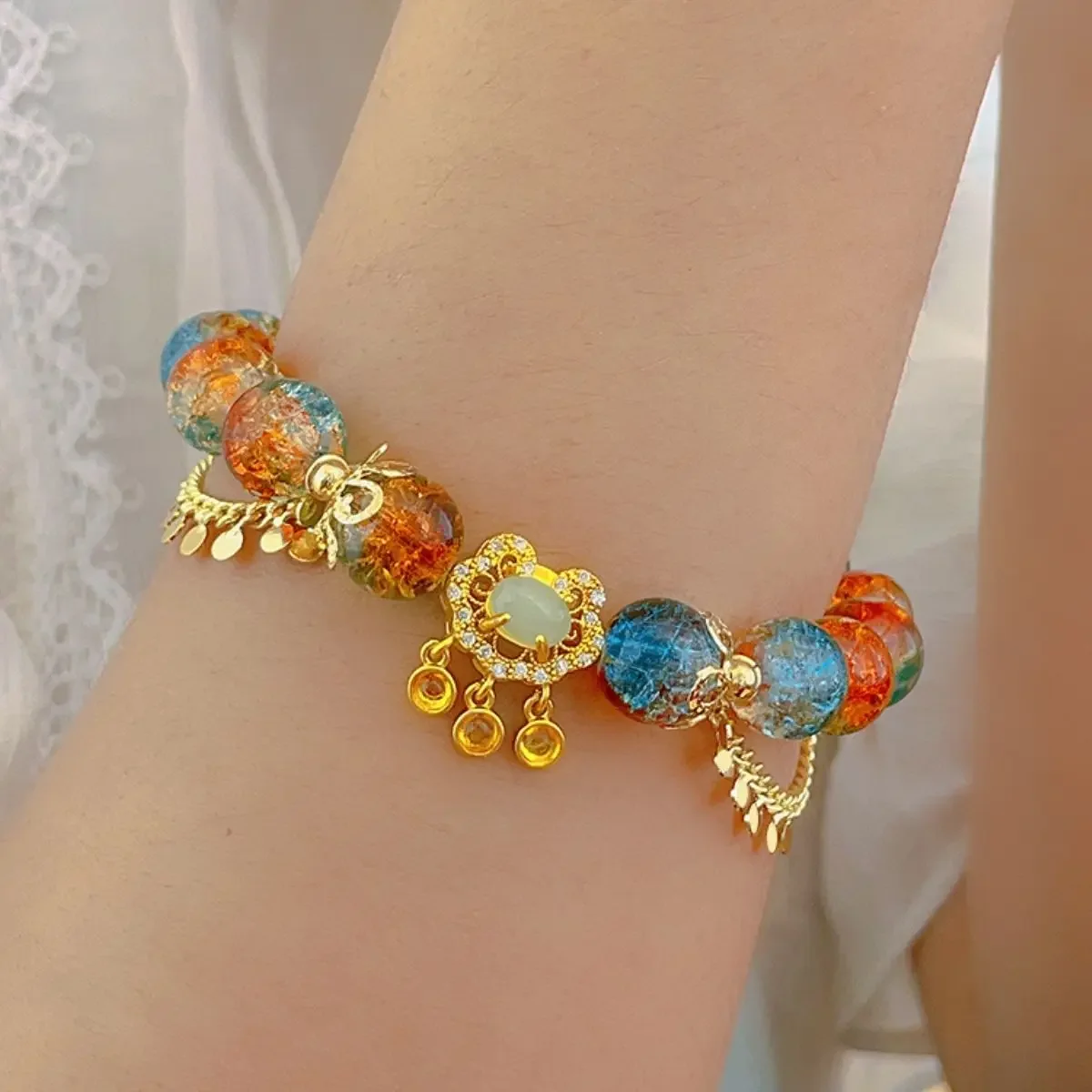 

Flying Dunhuang Little Ins Colorful Glaze Bracelets Female Super Fairy Tassel Long Life Lock Gold Plated Charms Girl HandString