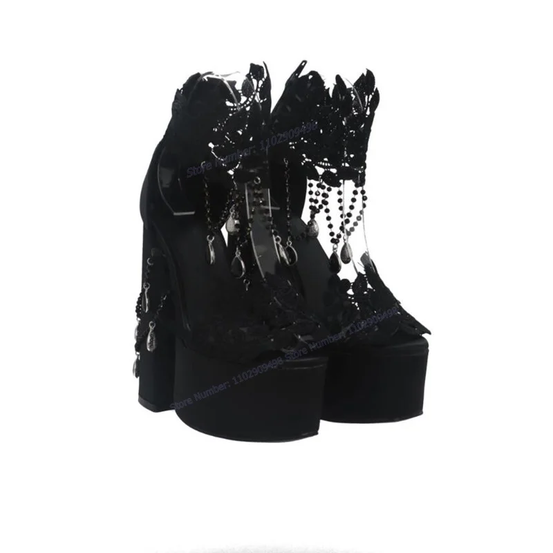 Black Crystal Decor Platform Sandals Pointed Open Toe Shoes for Women Chunky High Heels Gothic Shoes 2023 Zapatos Para Mujere