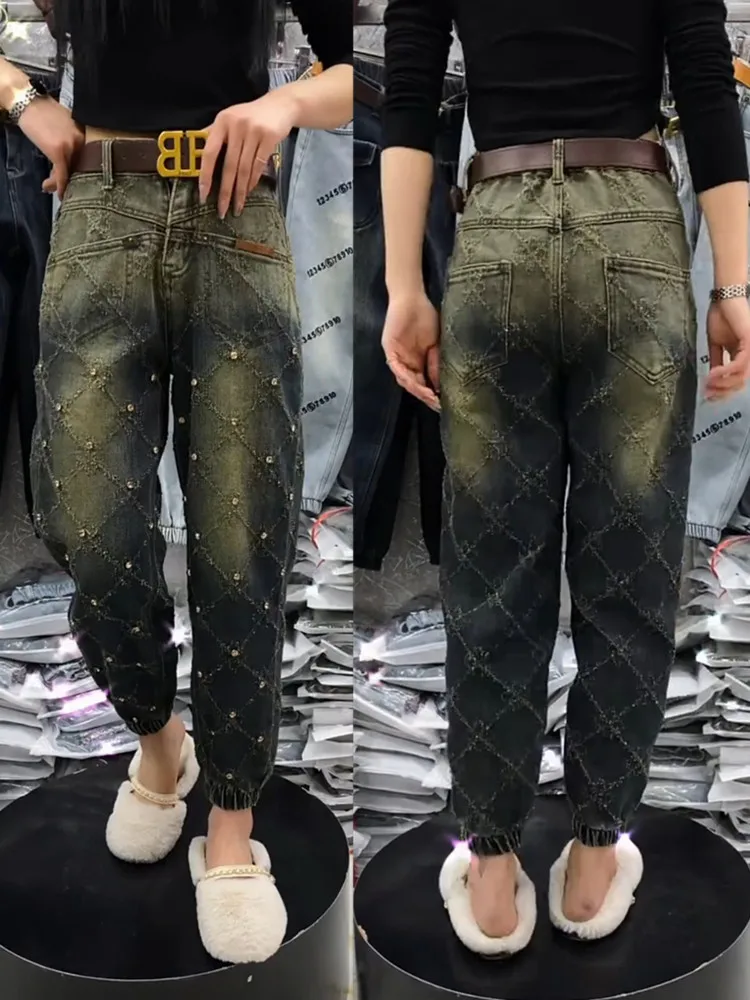 여성용 라인석 청바지, 워싱 캐주얼 바지, 올 매치 스트레이트 바지, 간결한 하의 의류, 겨울 패션