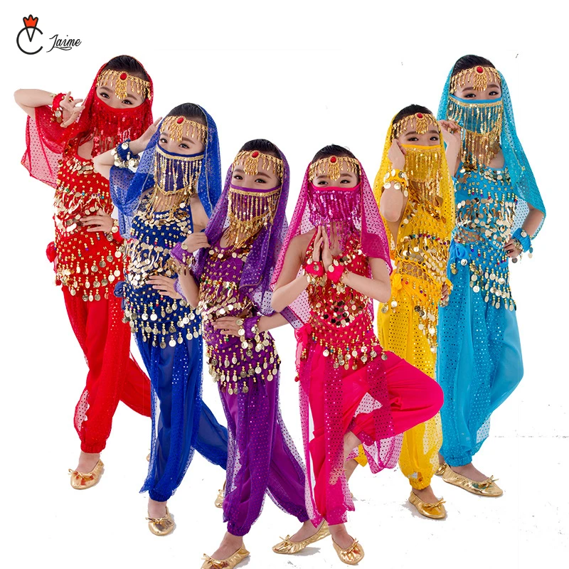 Children Belly Dance Costume Set bollywood Stage Performance Belly Dancing Clothes for girls India dance Outfit Kids top pant