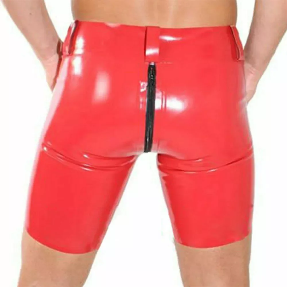 Sexy Men's Red Latex Shorts Rubber Pants with Zipper Codpiece Halloween Cosplay