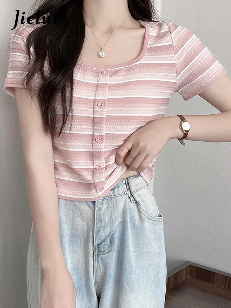 

Jielur New Solid Stripe Women's T-shirts Summer Korean Sweet Square Neck Cardigan Female Tops Fashion Versatile Fit Short Tees