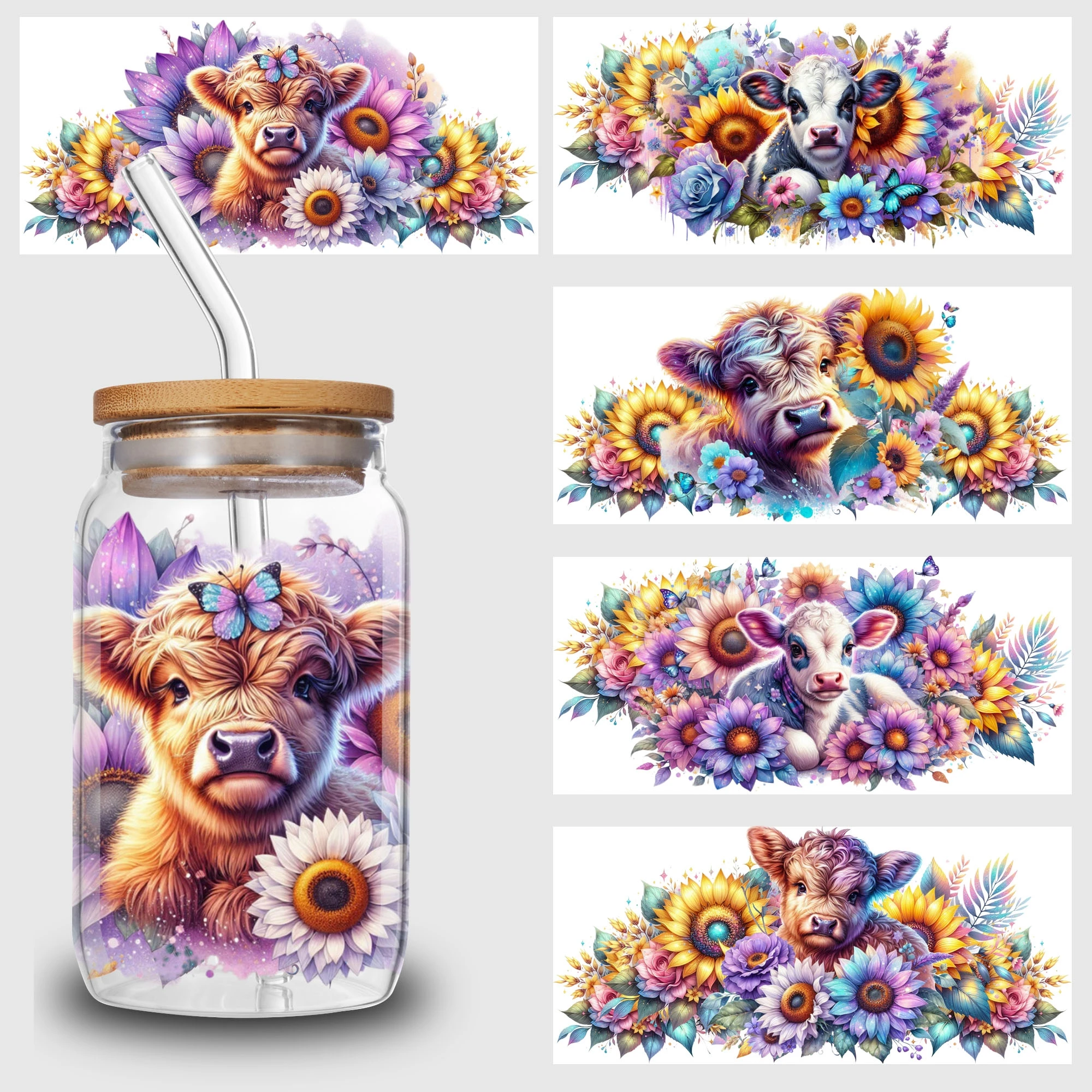 5 Sheets Highland Cow UV DTF Cup Stickers DTF Transfer Stickers Waterproof Funny Cow Wipe-Off Transfer Paper for 16oz Glass