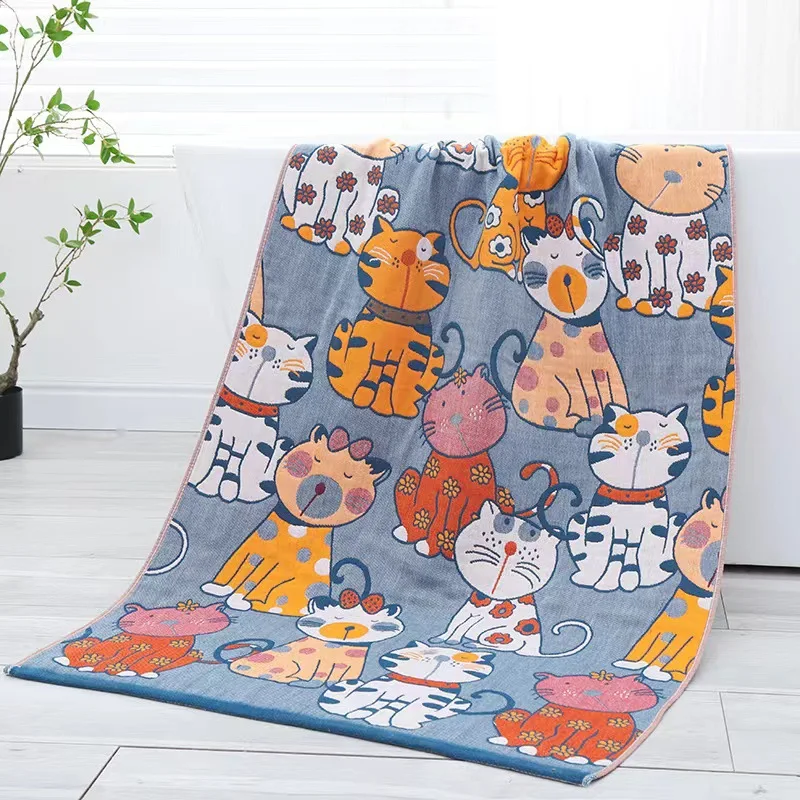 Animal Cartoon Gauze Bath Towel for Kids and Women Cats Bathroom 70*140 Adults Double-Sided Jacquard