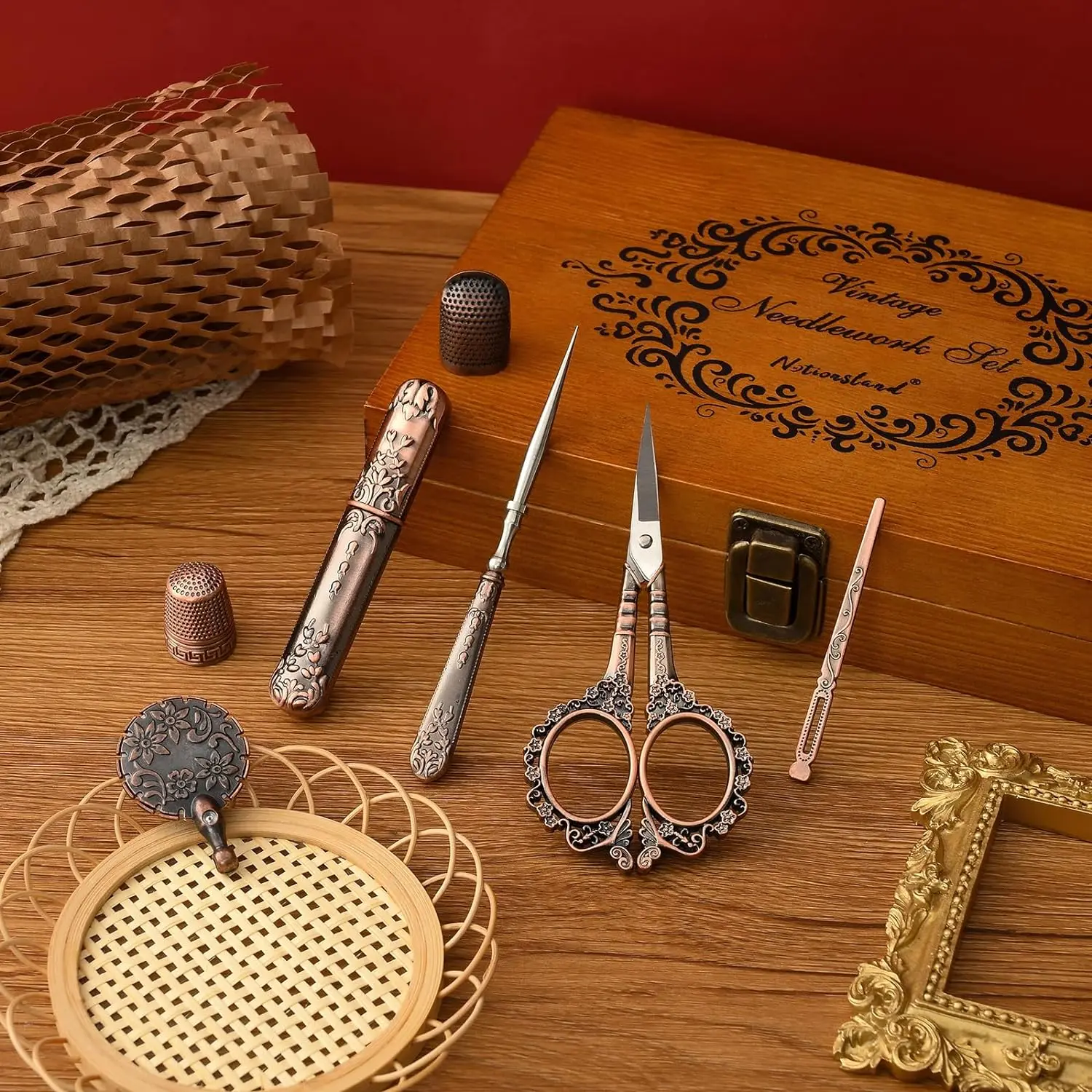 빈티지 나무 상자 자수 가위 키트, DIY 공예 용품 도구, 골동품 재봉 키트, 바느질 공예용 완벽한 재봉 도구
