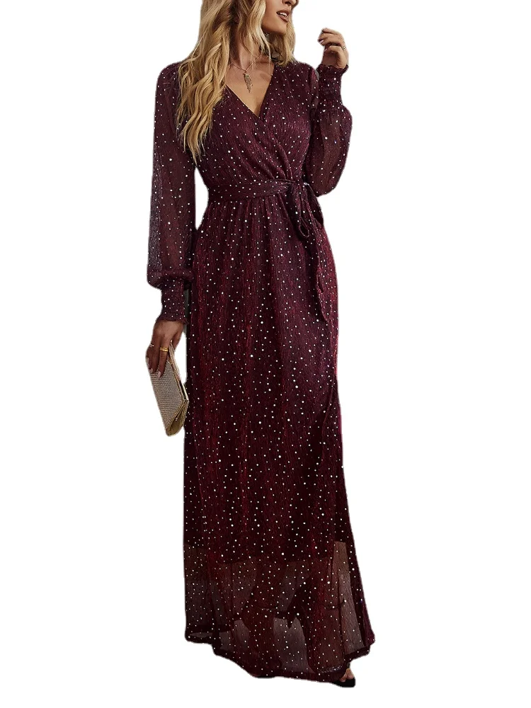 

Women Long Sleeve V Neck Maxi Printed Dress