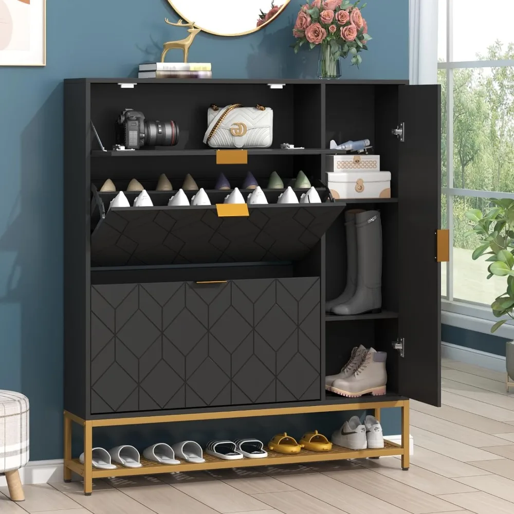 

Shoe Cabinet,Freestanding Tipping Bucket Shoe Rack Organizer with 2 Flip Drawers,Entryway Narrow Shoe Storage with Adjust