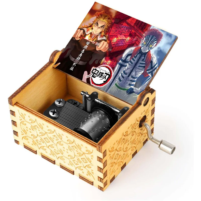 Wooden hand-cranked music box engraved with color printing Ghost Slayer Blade music box birthday gift music box birthday gift 4