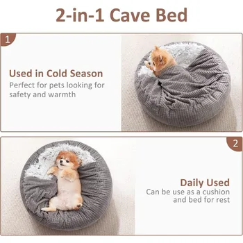 Small Dog Bed with Blanket Attached, Round Calming Hooded Cozy Cave Dog Beds for Small Dogs, Soft Plush Cuddler Puppy Pet Bed 2