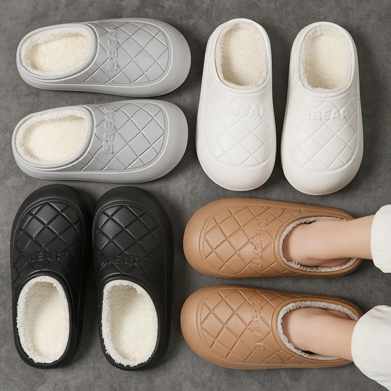 Waterproof EVA Cotton Slippers for Women Comfortable Lightweight Non Slip Home Slides Woman Fleece Lining Warm Plush Home Shoes