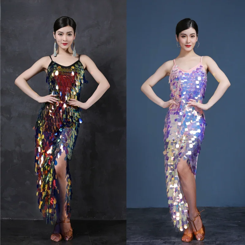 

Платье для латиноамериканских танцев, блестящие женские костюмы для латиноамериканских танцев, комплект для ночного клуба, длинные платья для соревнований латиноамериканских танцев с большими блестками