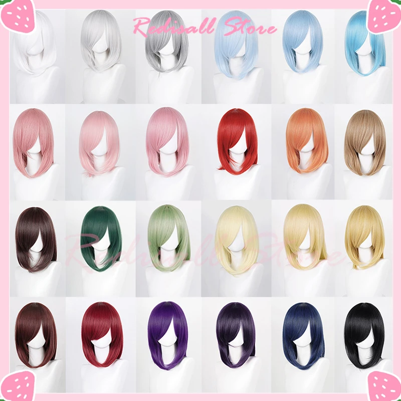 40cm Long Straight Wig Multi-color Cosplay Hair Basic Bang Red Blue Pink Brown Purple Black White Green Blonde Gray Headwear