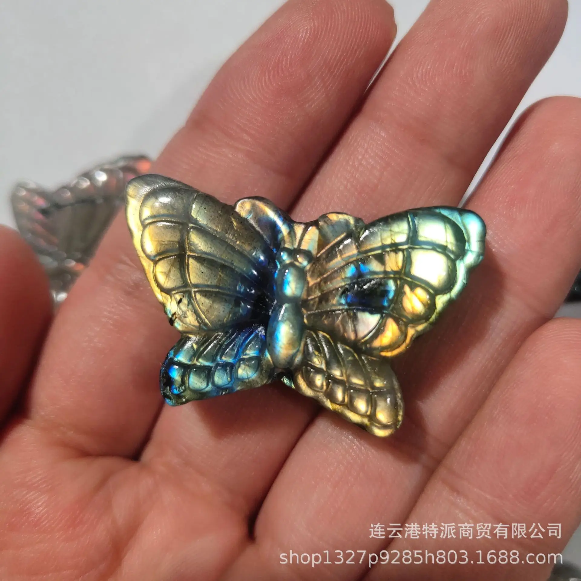 

Hand Carved Natural blue Flash Labradorite Plam Stone Sun And Moon Face Carving Butterfly